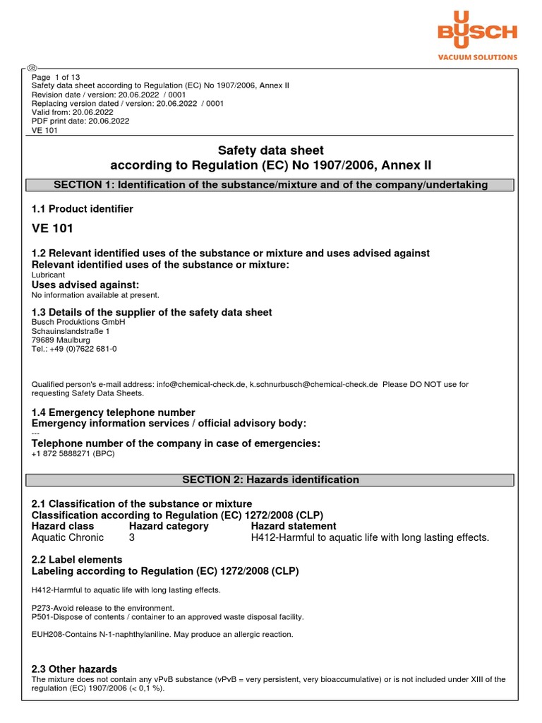 VE 101 Safety Data Sheet Summary | PDF | Toxicity | Dangerous Goods