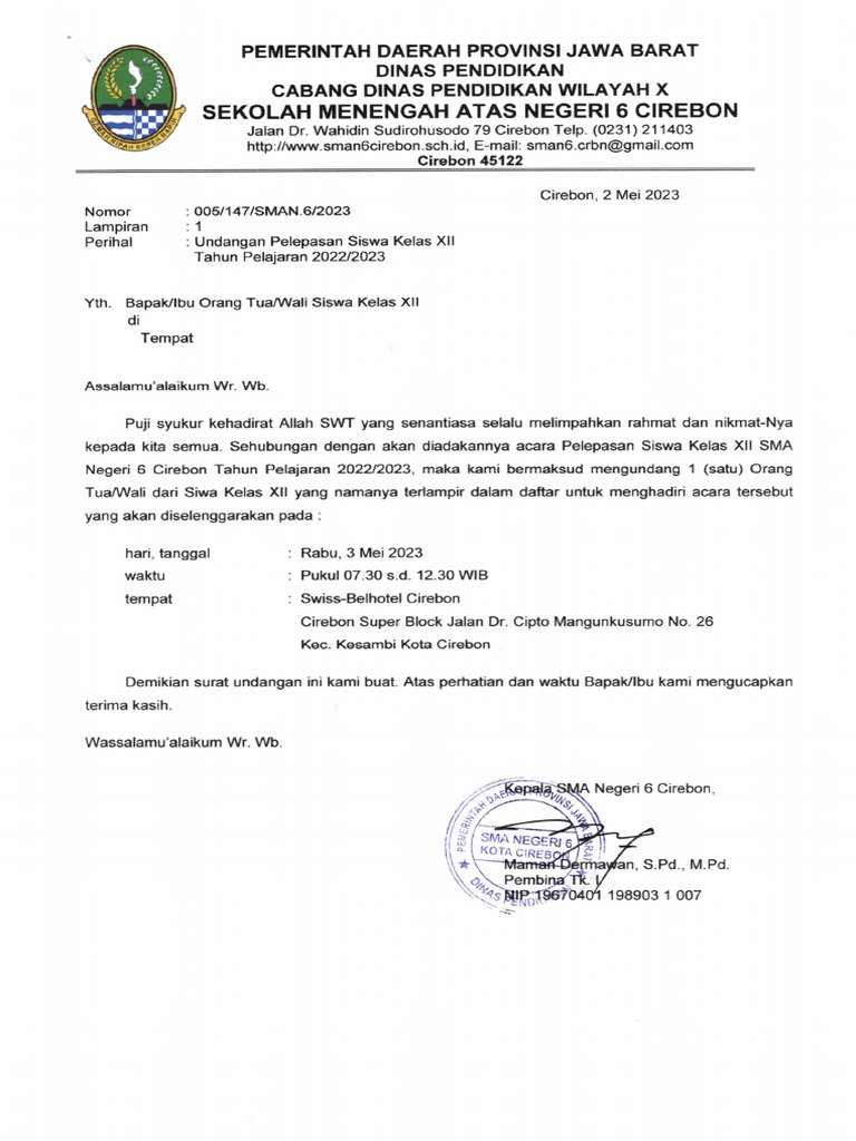 Surat Undangan Untuk Orang Tua Siswa Kls XII | PDF