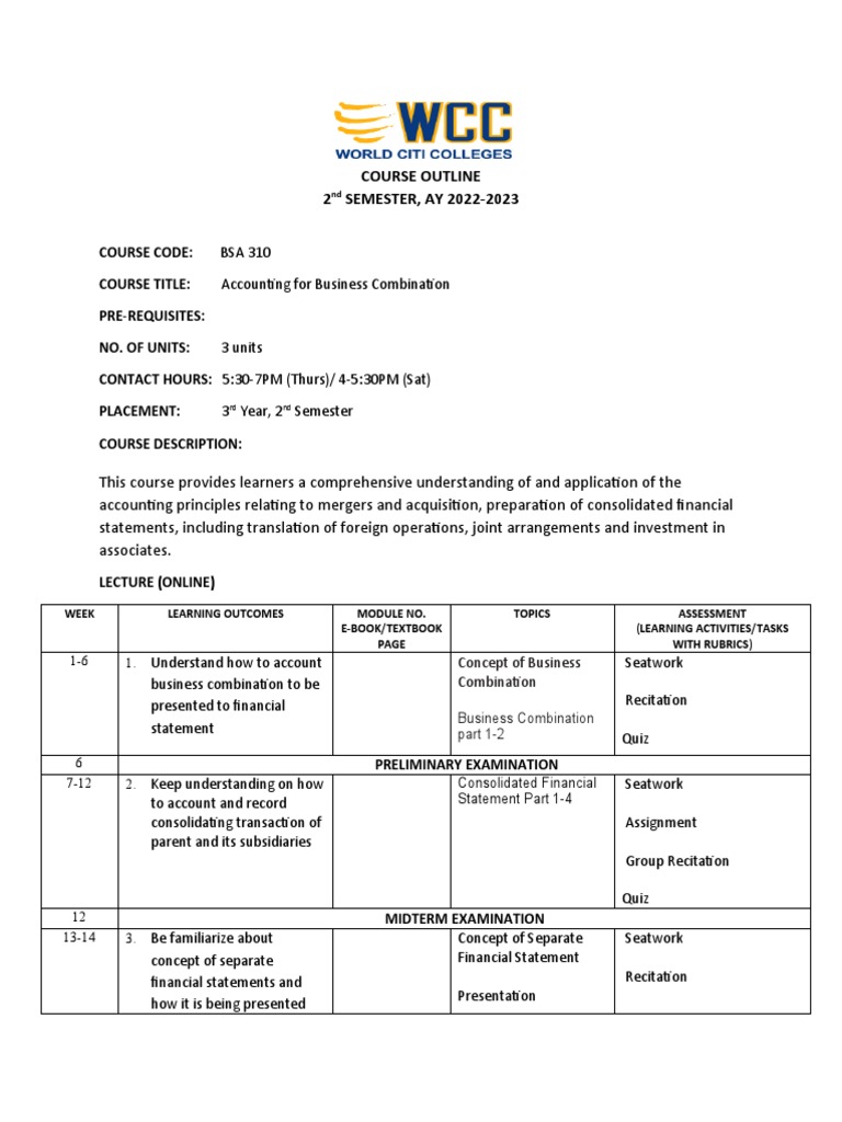 Course Outline - Bsa 310 Acctng For Business Comb - RMS | PDF ...
