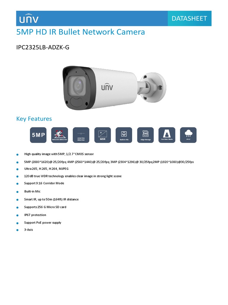 UNV【Datasheet】 IPC2325LBADZKG 5MP HD IR Bullet Network Camera Datasheet V1.2EN_2 PDF