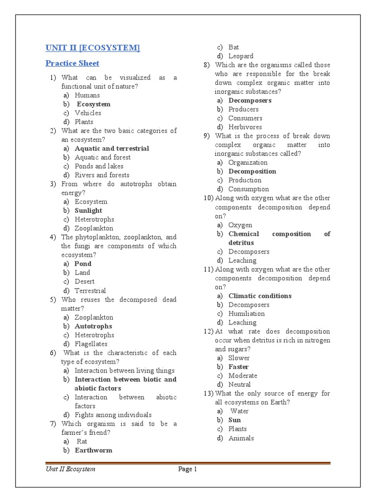 UNIT II ANSWER KEY FOR Practice Sheet PDF Food Web Ecosystem UNIT II ANSWER KEY FOR Practice Sheet PDF Food Web Ecosystem