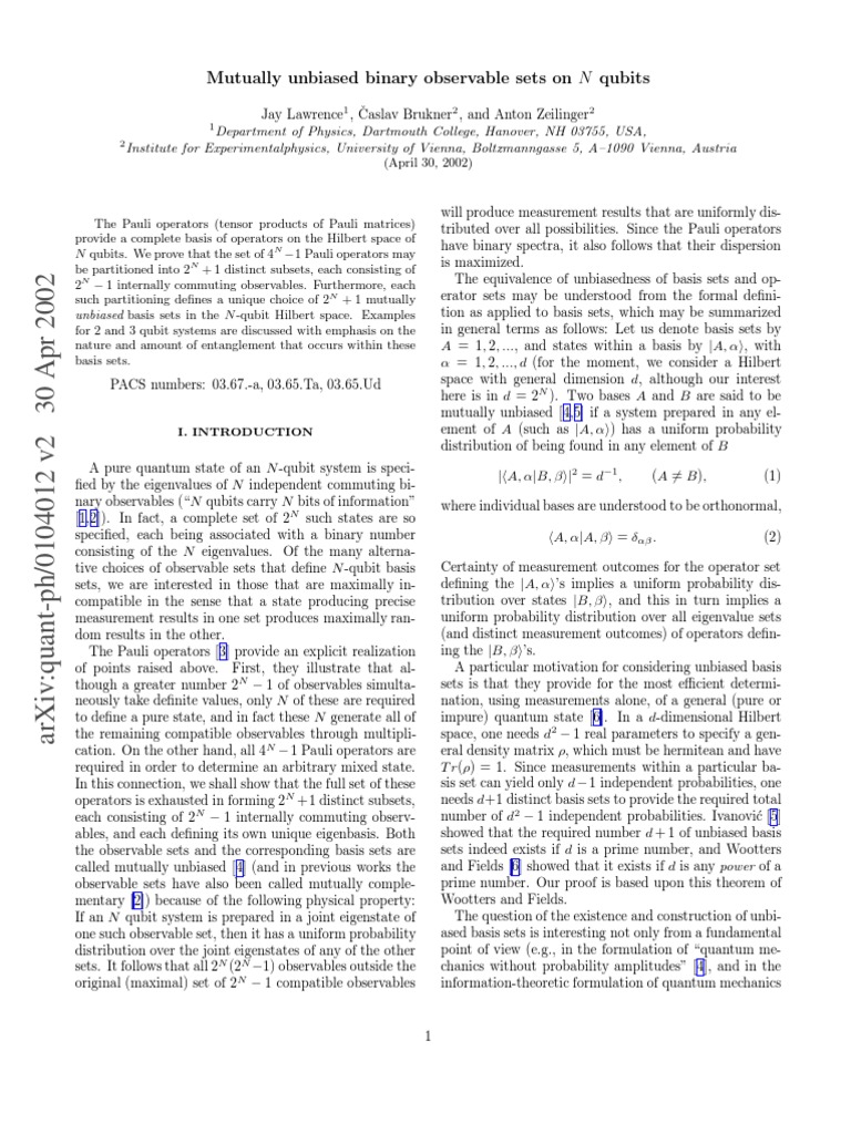 Mutually Unbiased Bases in Qubits | PDF | Basis (Linear Algebra ...