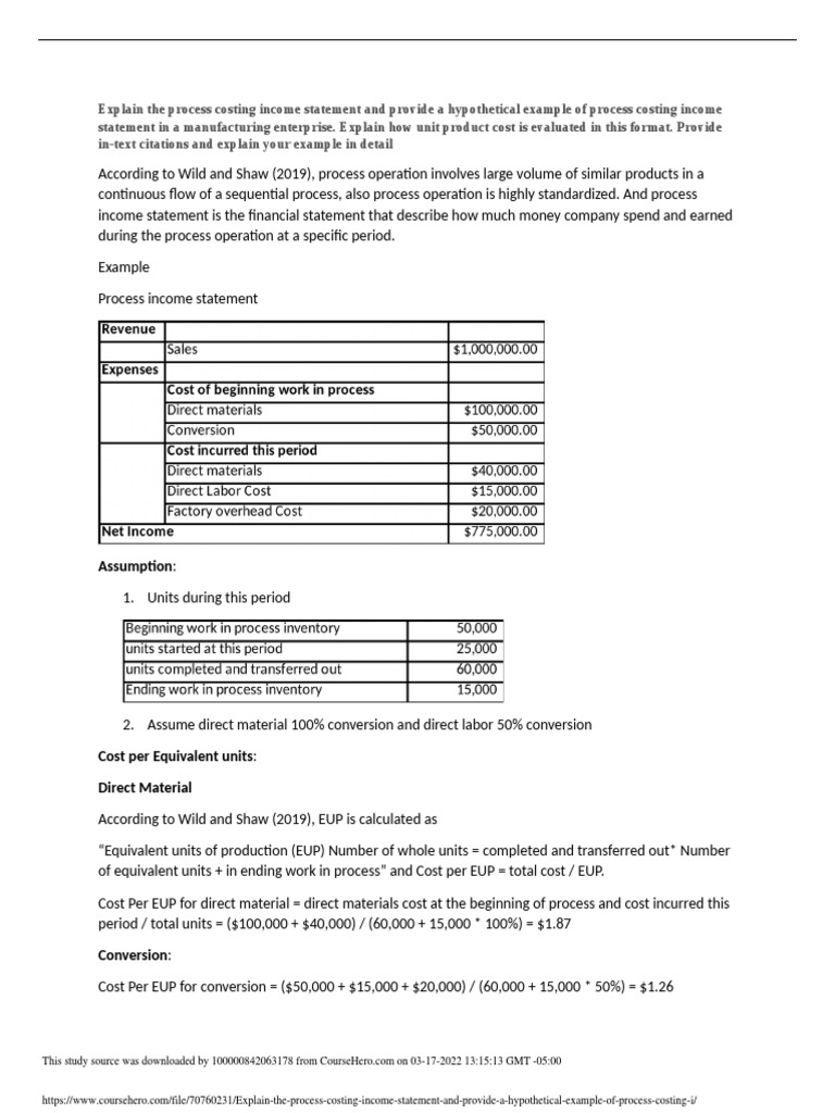 Explain The Process Costing Income Statement and Provide A Hypothetical ...