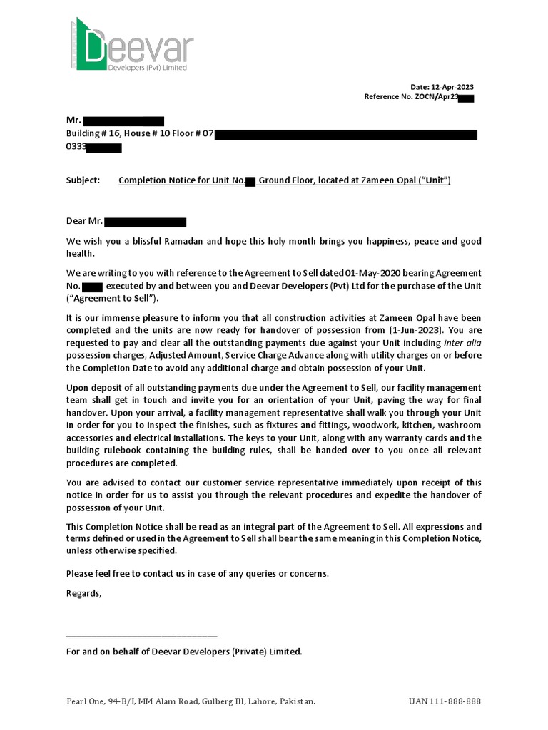 Opal - Sample Completion Notice | PDF | Business | Justice