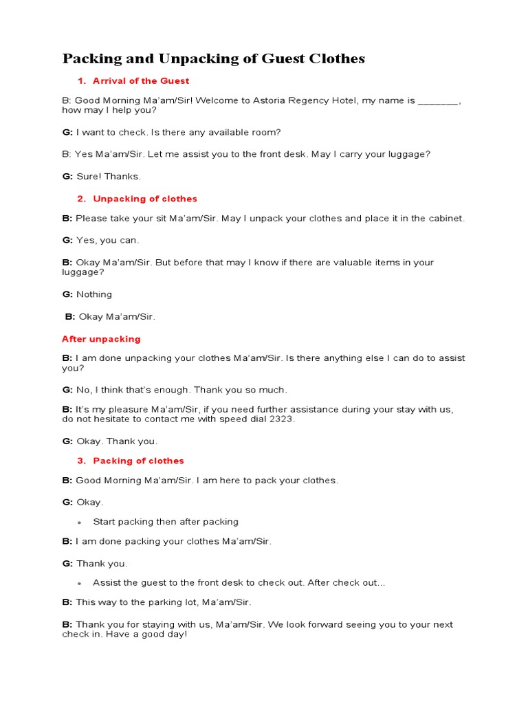 Packing and Unpacking of Guest Luggage | PDF