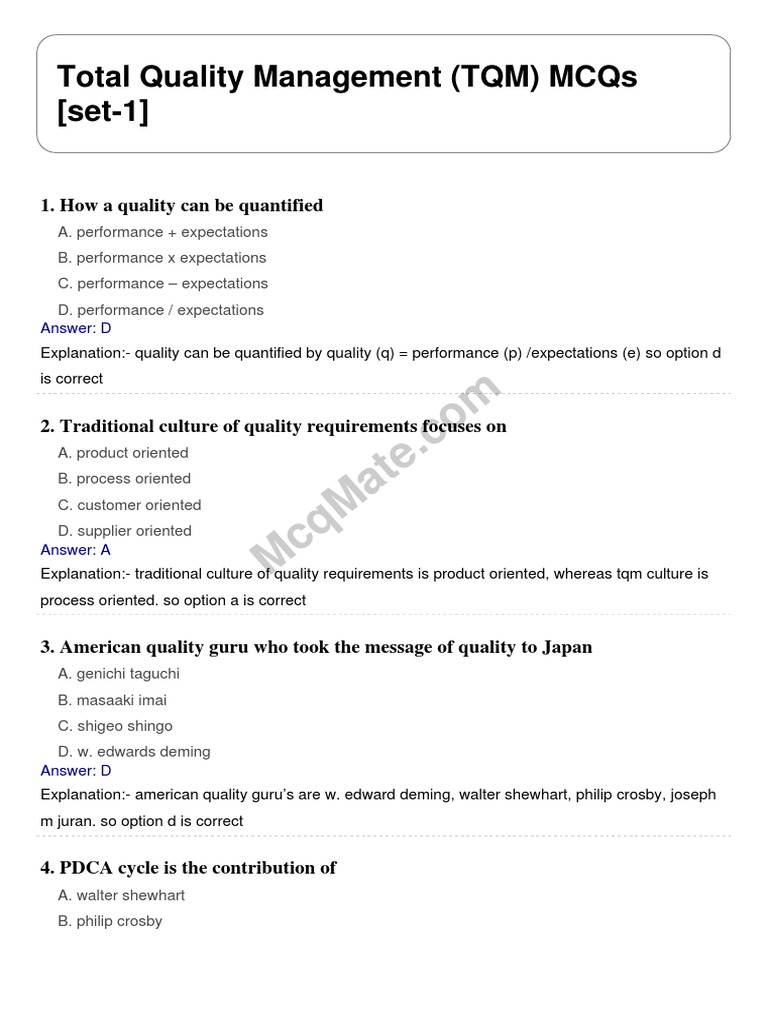 Total Quality Management (TQM) Solved MCQs [set1] PDF