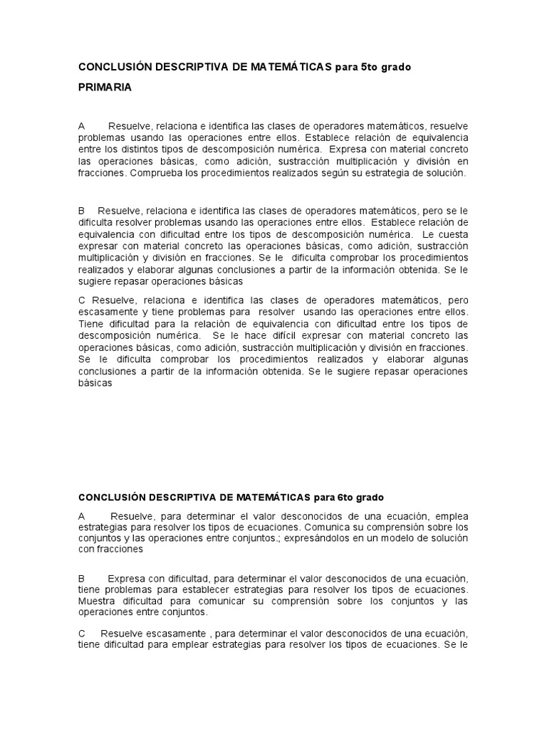 Conclusiones Descriptivas Matematicas 5to y 6to Primaria | PDF