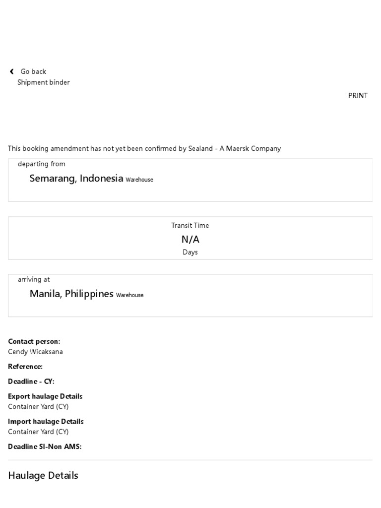 SeaLand A Maersk Company Booking Amendment Acknowledgement PDF