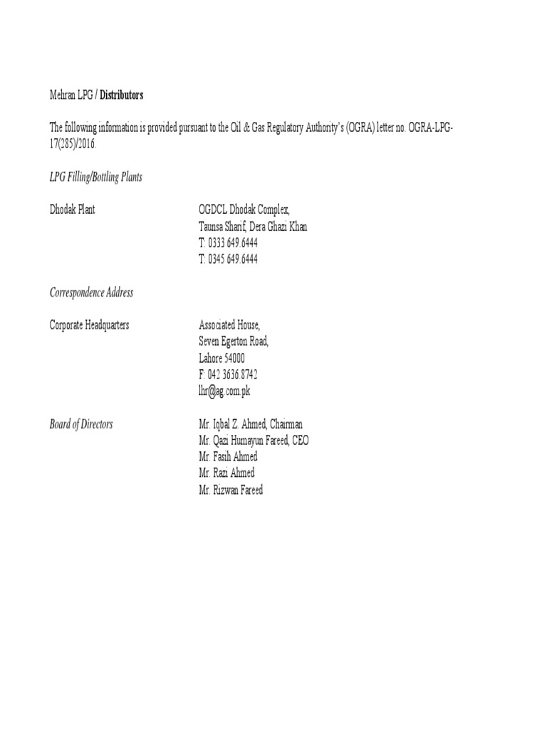 Mehran LPG Distributors PDF Government Of Pakistan Pakistan