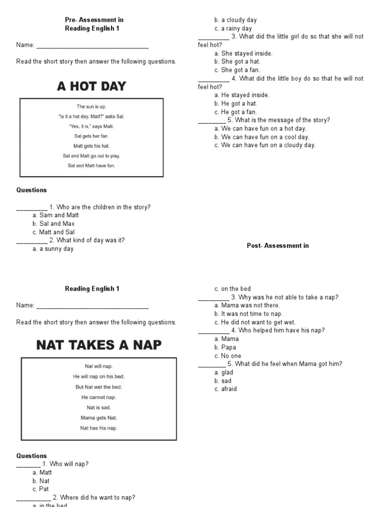 PrePost Reading Materials Grade 1 PDF