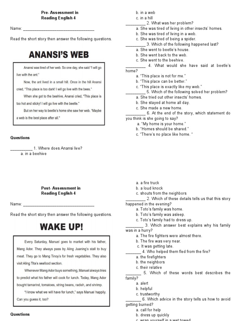 PrePost Reading Materials Grade 4 PDF