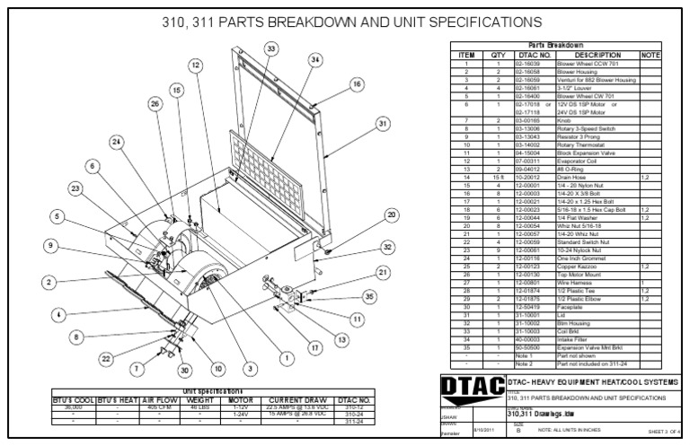 310, 311 Parts Breakdown and Unit Specifications: Parts Breakdown Note ...