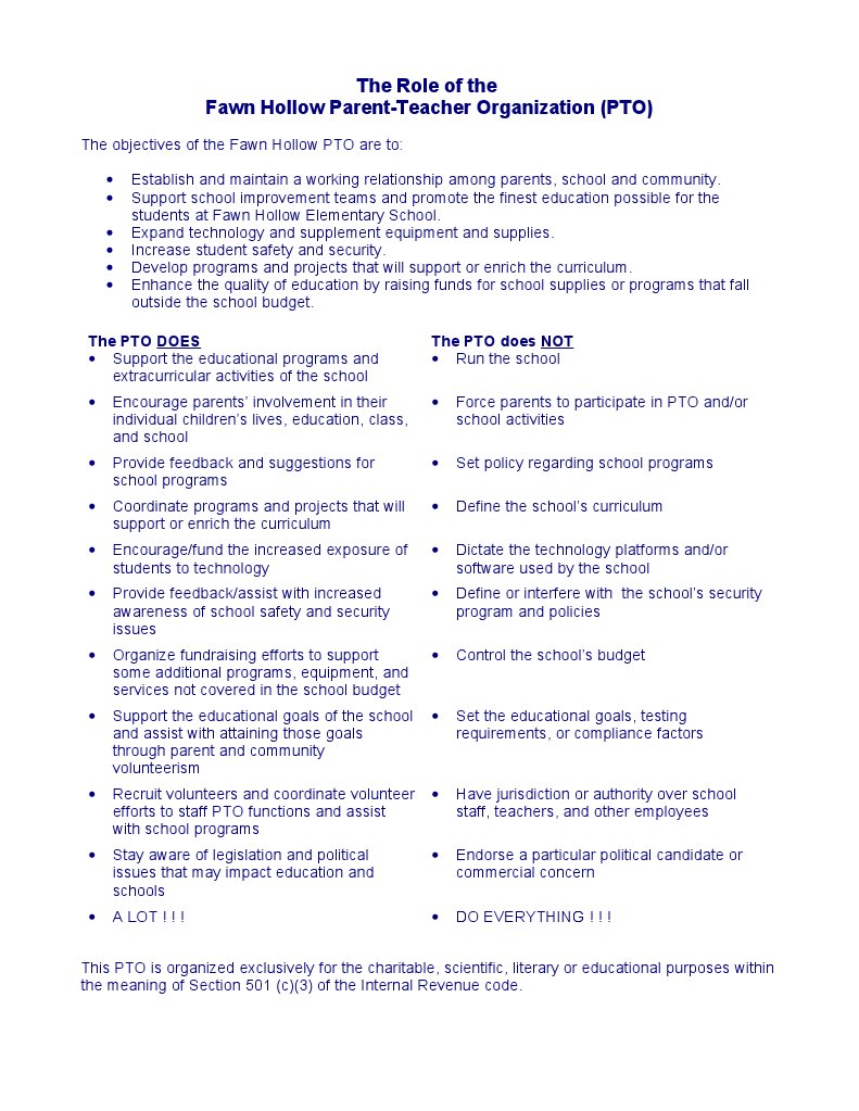 Fawn Hollow PTO: Roles and Objectives | PDF