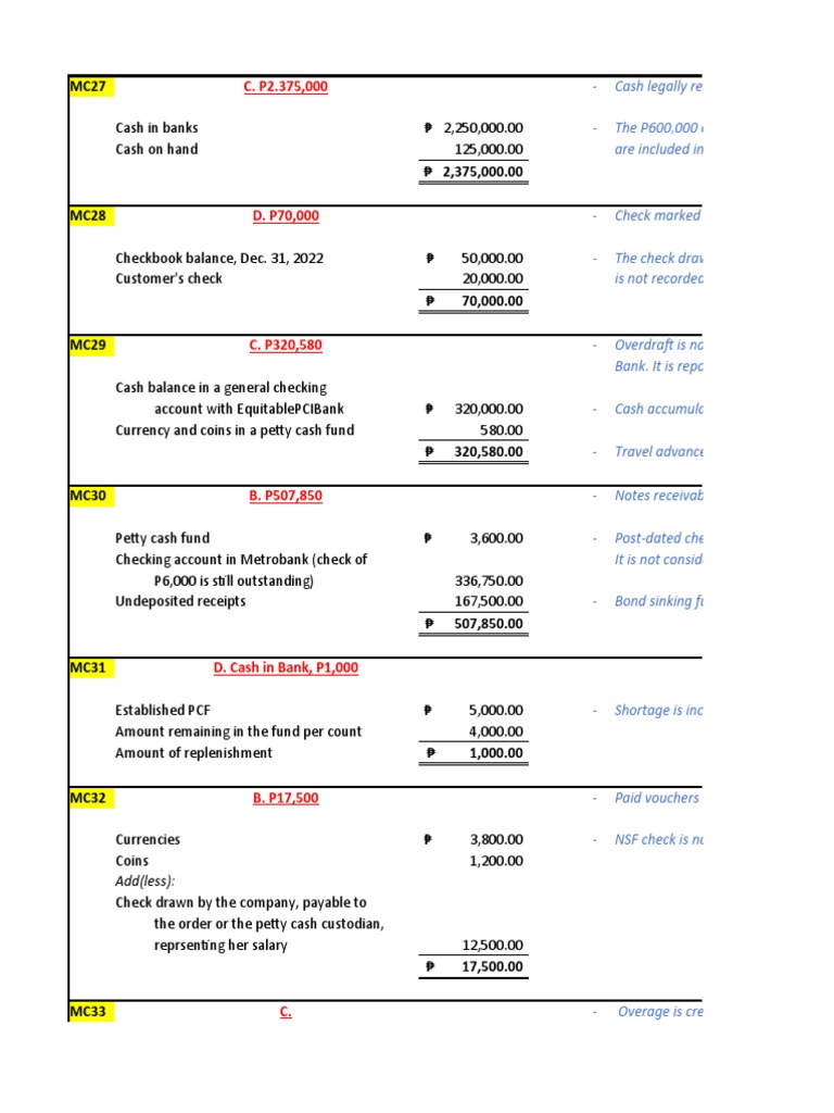 Cash and Cash Equivalents Multiple Choice Questions PDF Deposit