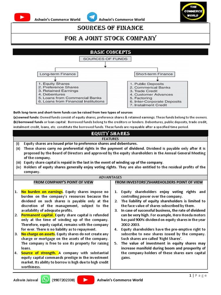 Sources of Finance For A Joint Stock Company - New Syllabus | PDF