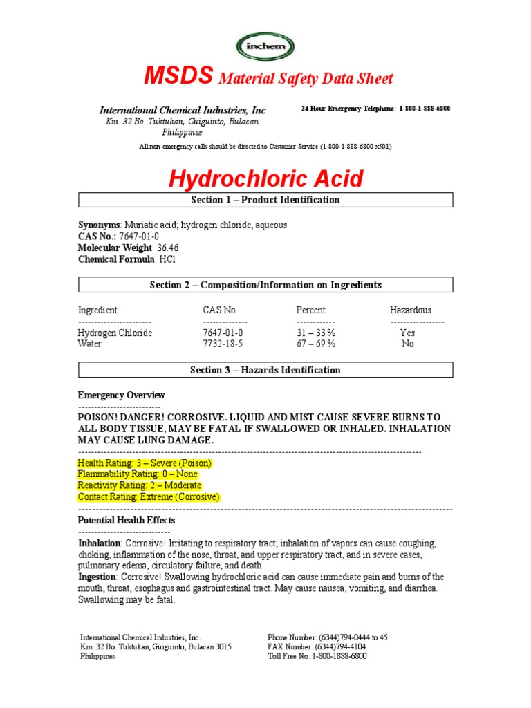 Msds hcl pdf water hydrochloric acid