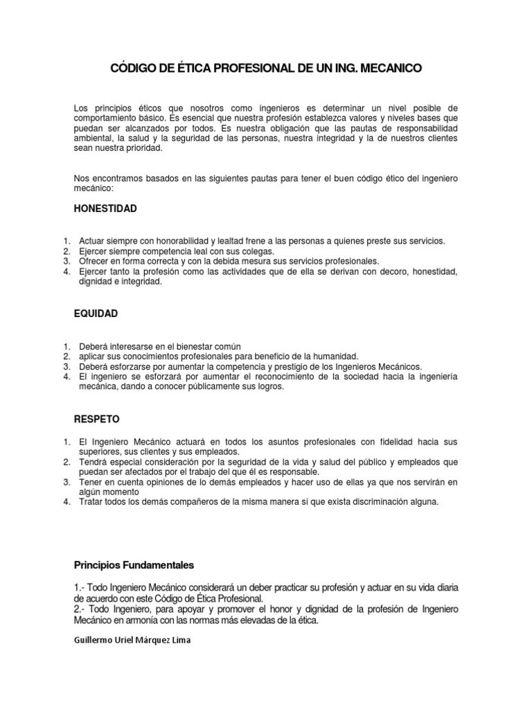 CÓDIGO DE ÉTICA PROFESIONAL DE UN ING Ingeniería Bienestar