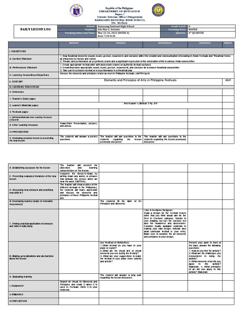 Grade 8 MAPEH Daily Lesson Log | PDF | Communication | Cognitive Science