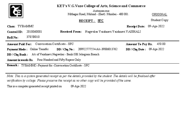 Convocation Receipt | PDF