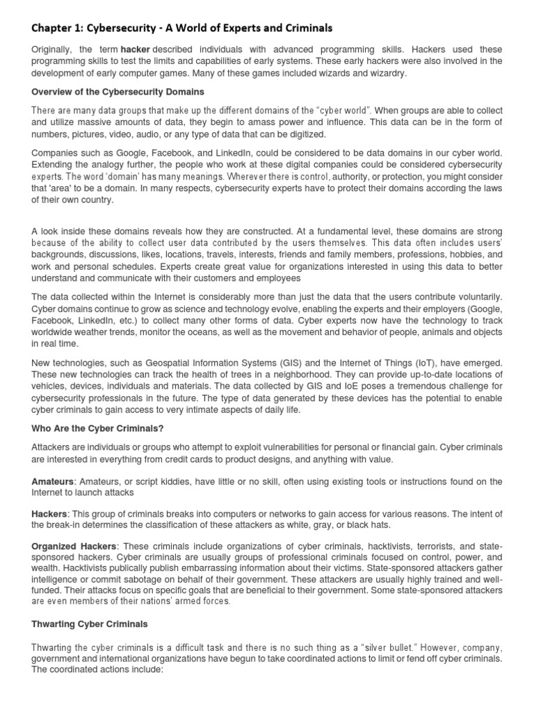 Chapter 1 2 cybersecurity a world of experts and criminals and the