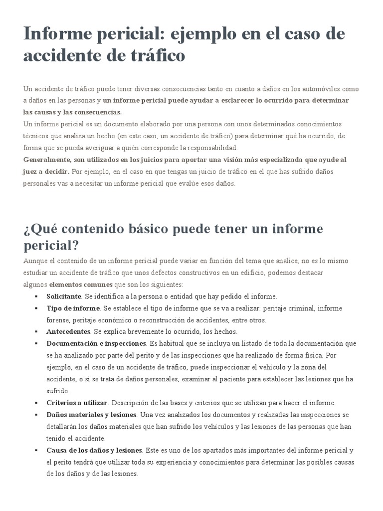 Informe Pericial Ejemplo en El Caso de Accidente de Tráfico | PDF ...