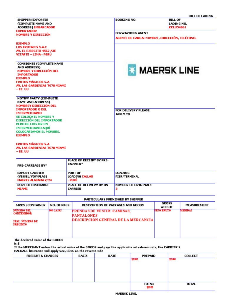 Ejemplo de Bill of Lading en Español | PDF