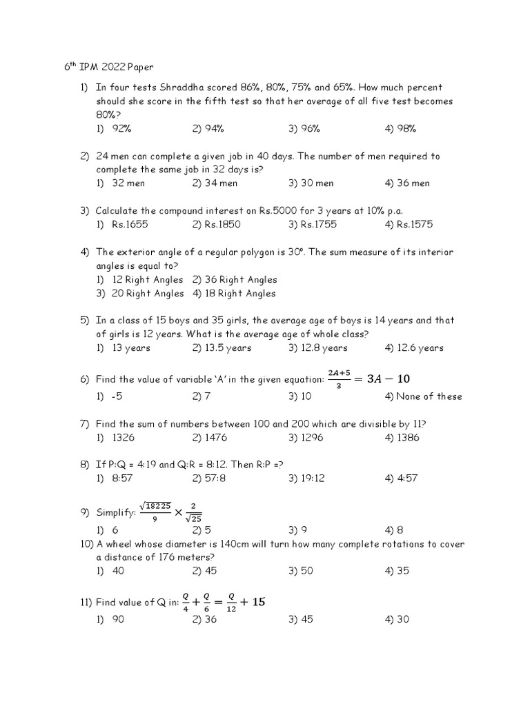 IPM 2022 Class 6 Exam Paper | PDF