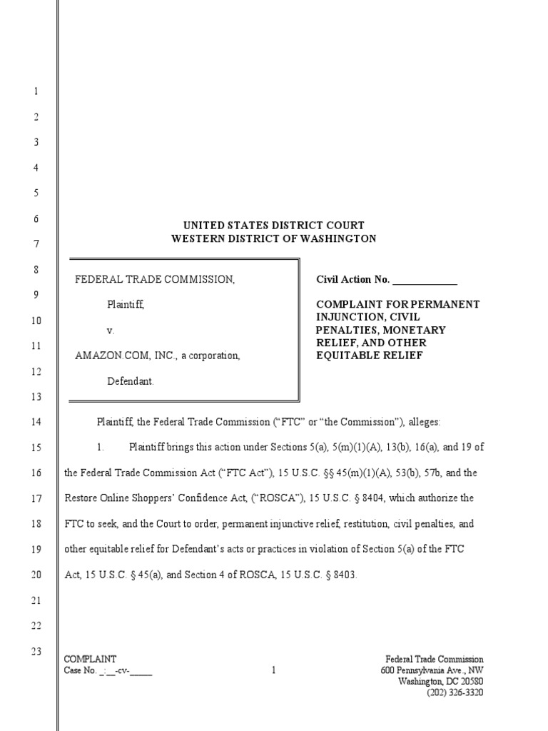 Amazon Rosca Public Redacted Complaint To Be Filed | PDF | Federal ...