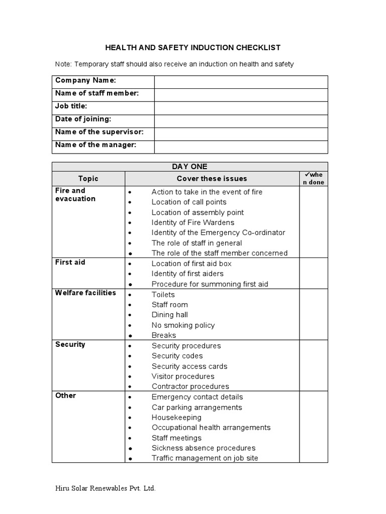 Health and Safety Induction Training Sheet | PDF | Occupational Safety ...