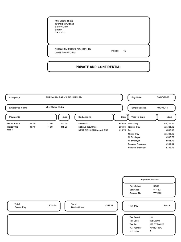Private and Confidential Mrs Elaine Hicks 10 Dorset Avenue Barley Mow