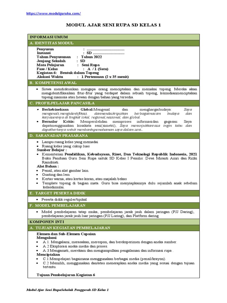 Modul Seni Rupa: Membuat Topeng Kelas 1 | PDF | Karier & Perkembangan