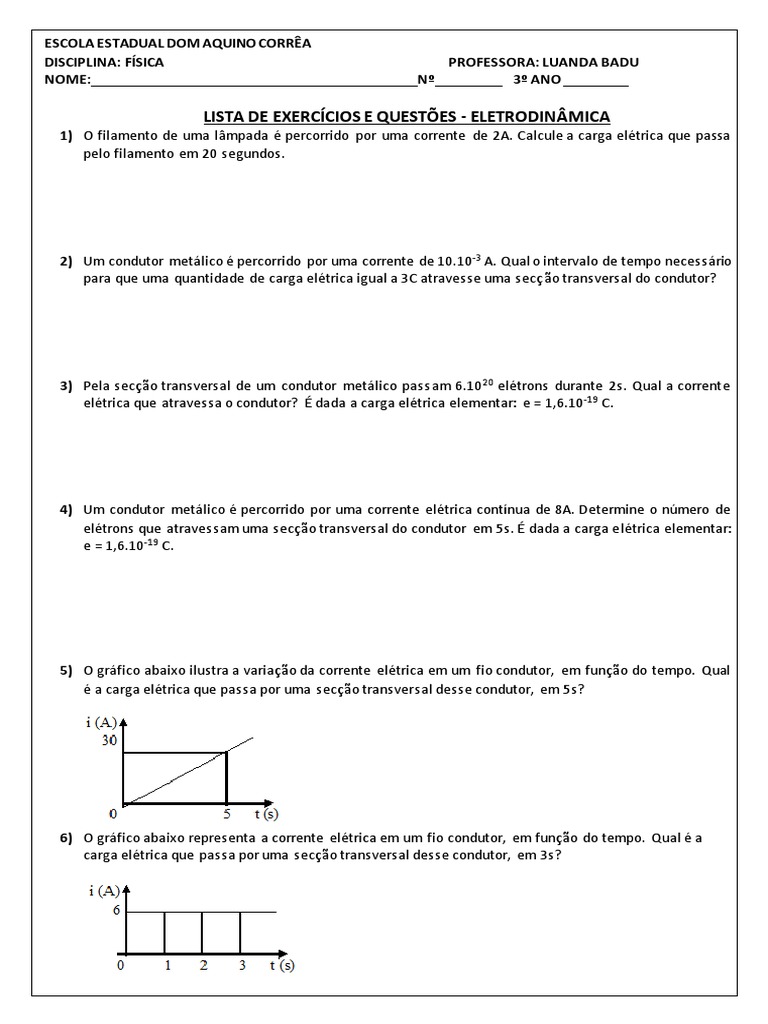 LISTA DE EXERCÍCIOS - Eletrodinâmica | PDF | Resistência elétrica e ...
