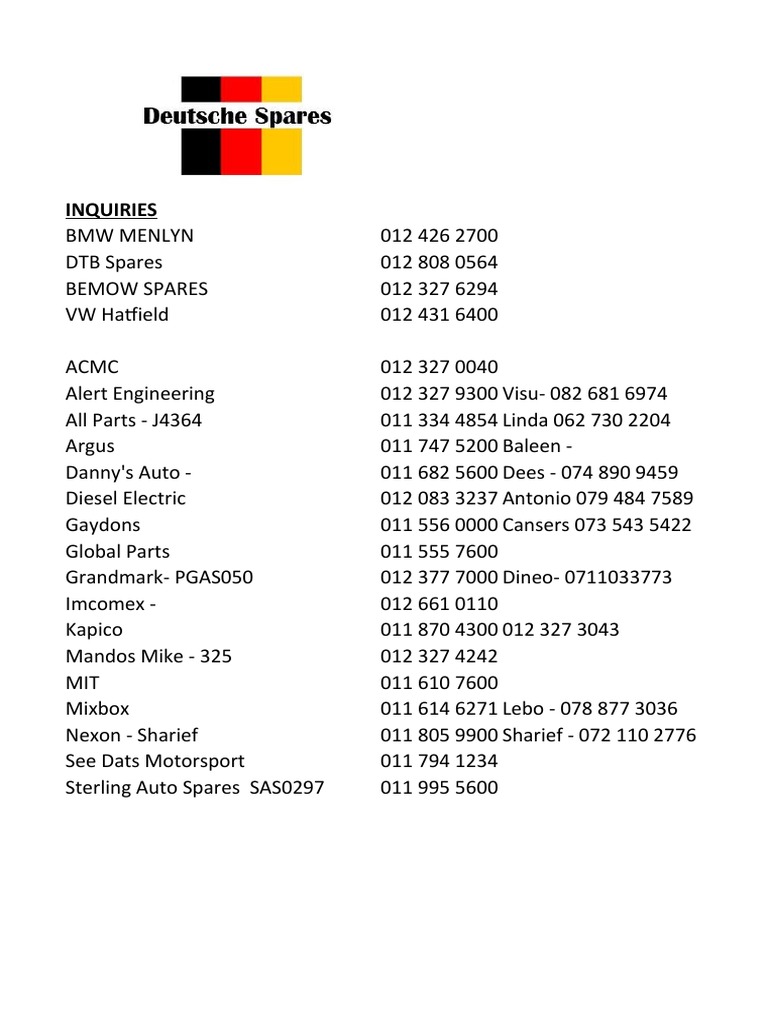 Contact Numbers for Auto Parts Inquiries | PDF