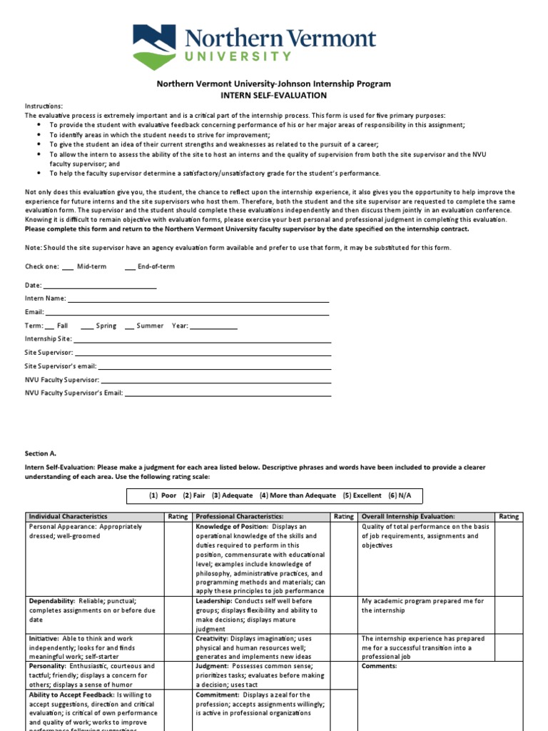 Intern Self Evaluation Form Pdf Evaluation Job Hunting