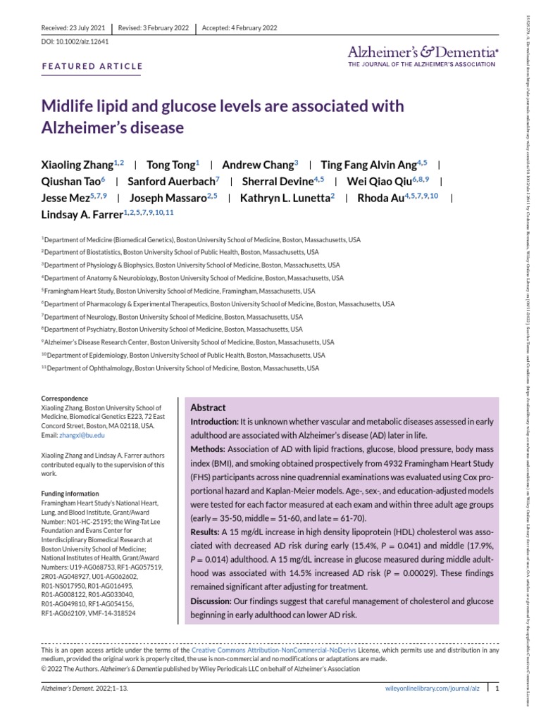 Alzheimer S Dementia 2022 Zhang Midlife Lipid and Glucose Levels