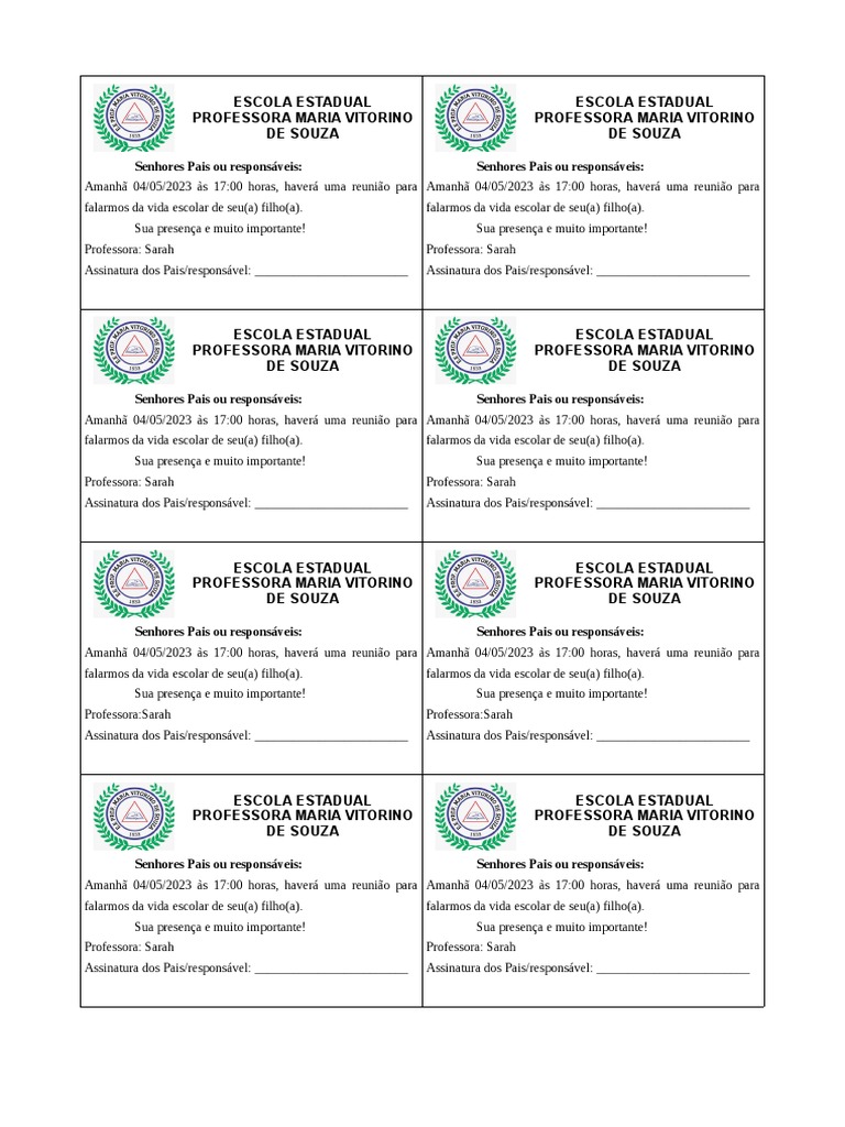 Bilhete Reunião de Pais | PDF | Ciências Sociais | Bem-estar