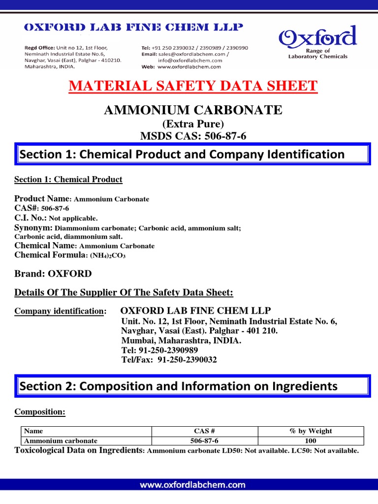 Ammonium Carbonate MSDS Overview | PDF | Toxicity | Firefighting
