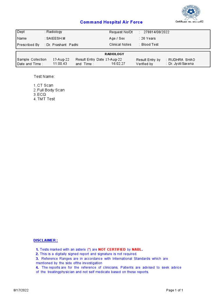 Command Hospital Air Force: Test Name: CT Scan Full Body Scan ECG TMT ...