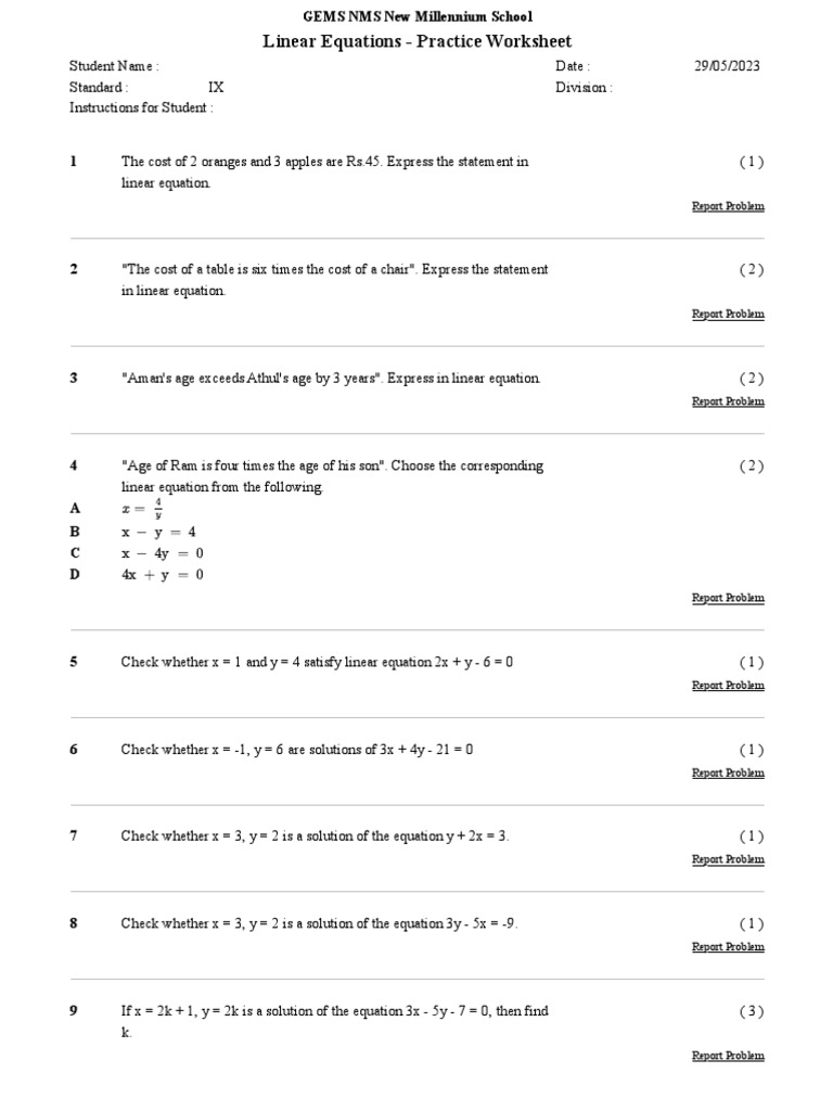 Linear Equations Practice Worksheet PDF Equations Mathematics