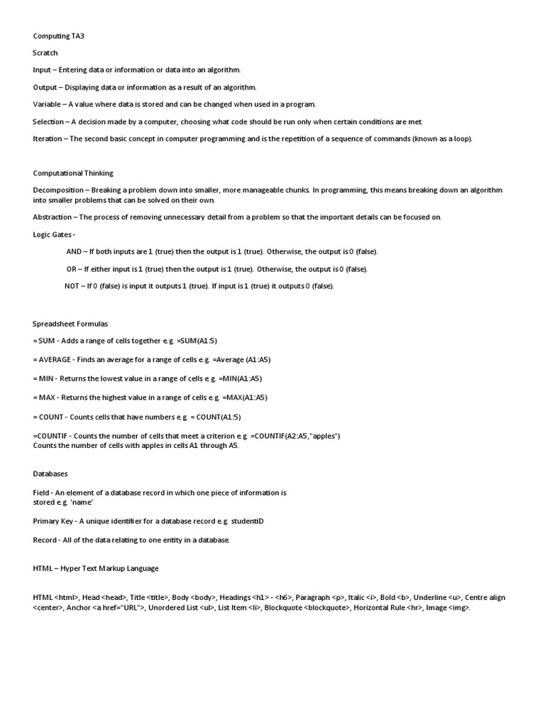 AQA Computer Science GCSE Revision sheet | PDF