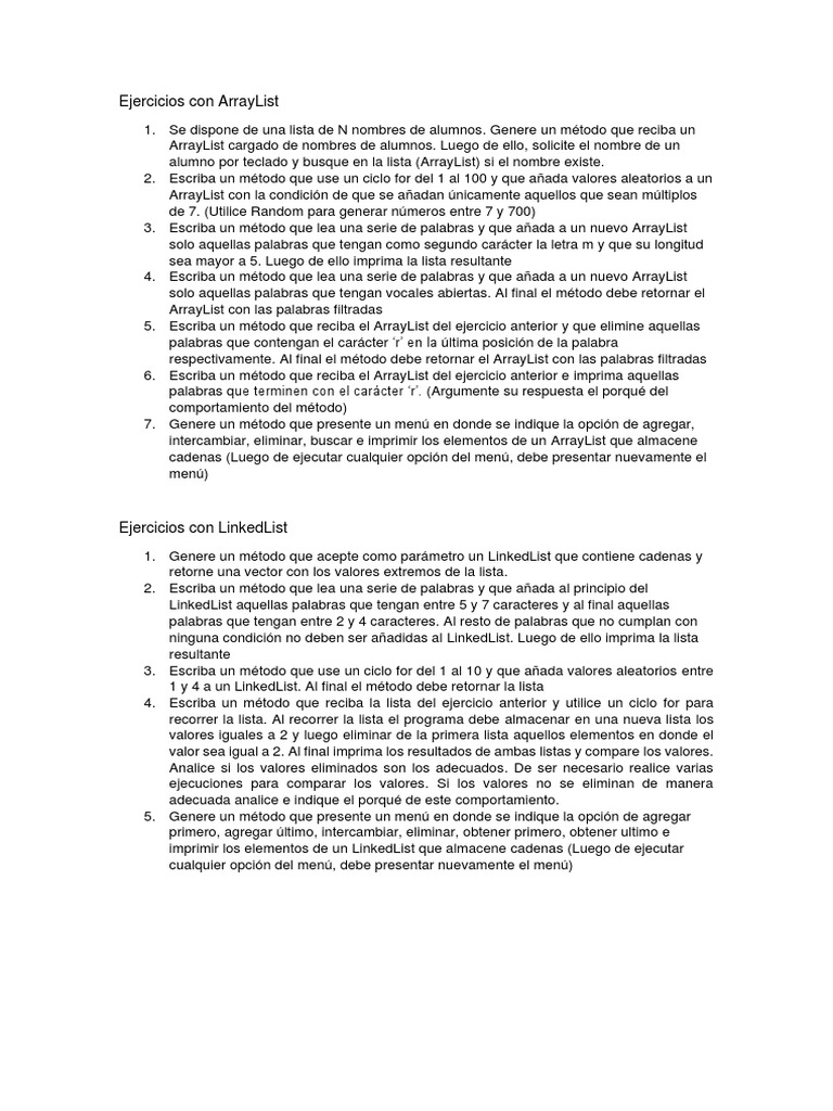 Ejercicios 3 3 arraylist y linkedlist pdf programaci n de
