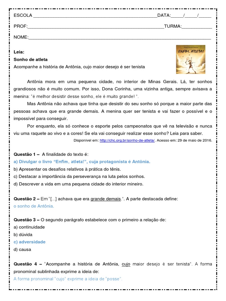 Interpretacao de Texto Sonho de Atleta 6o Ano Respostas | PDF