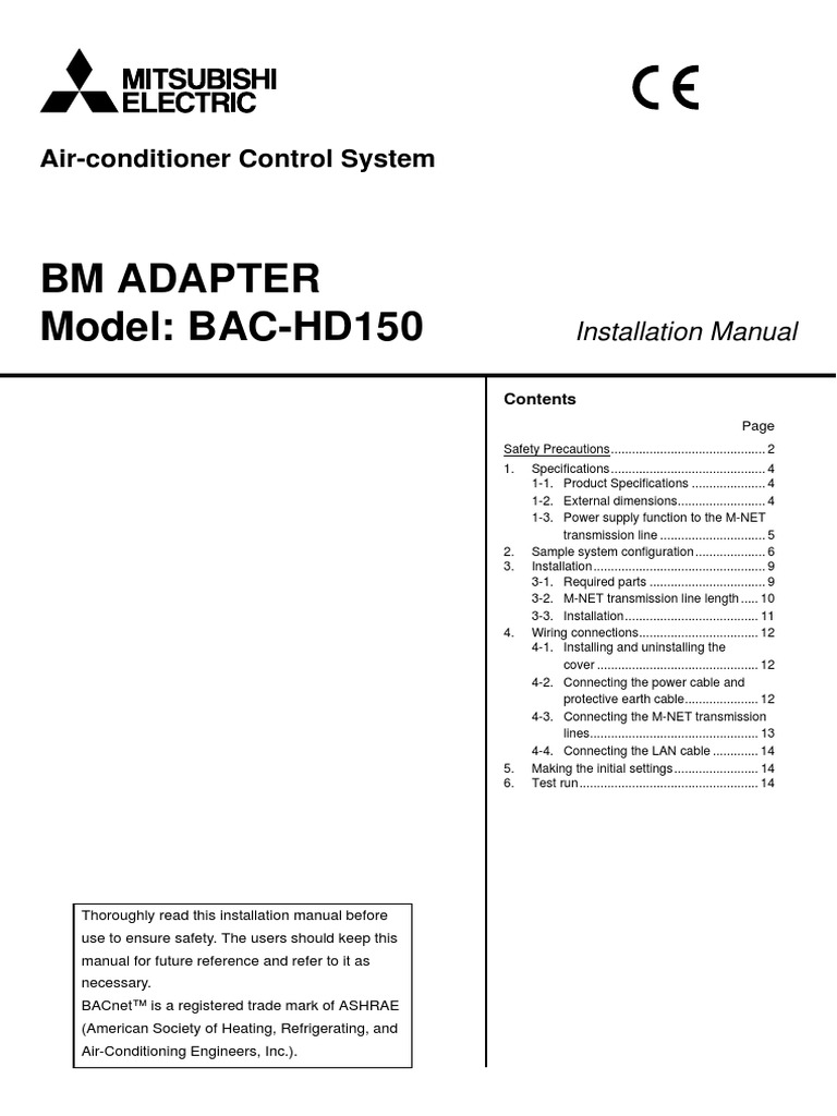 Mitsubishi Electric BAC-HD150 Installation Manual Eng | PDF ...