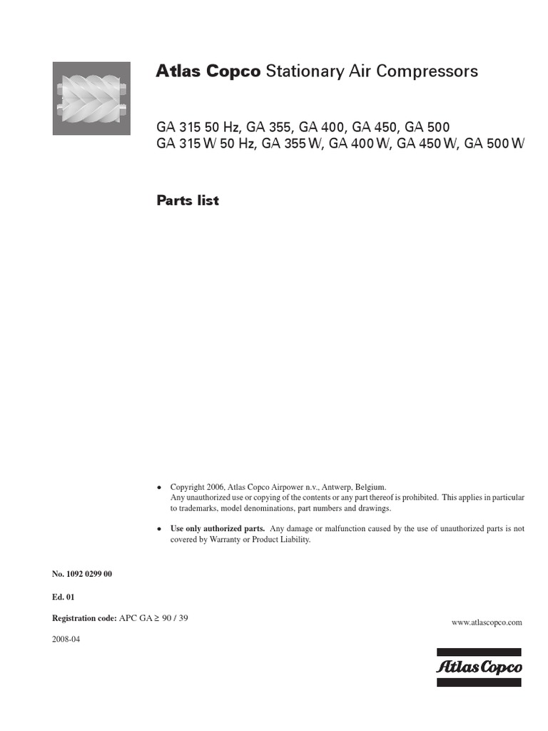 Atlas Copco Stationary Compressor GA315 GA355 GA400 GA450 GA500 | PDF