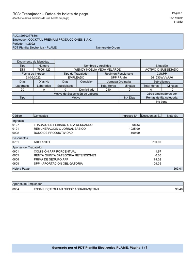 Datos R08 de Boleta de Pago PLAME | PDF