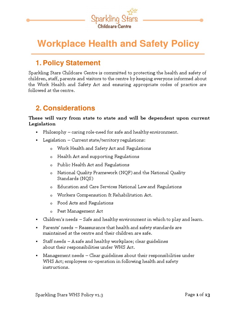Sparkling Stars WHS Policy Overview | PDF | Occupational Safety And ...