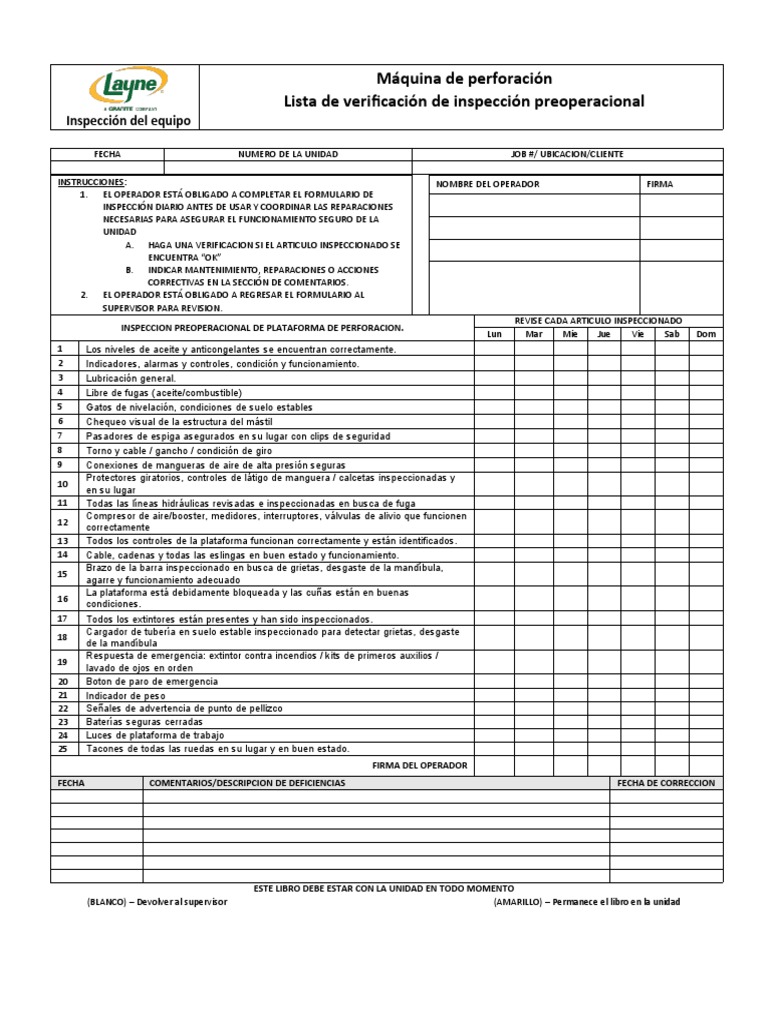 Inspección Pre Operacion de Maquina de Perforacion | PDF | Bienes ...