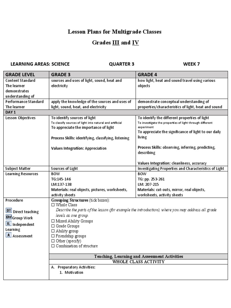 Multigrade Lesson Plans: Light Sources | PDF | Learning | Light