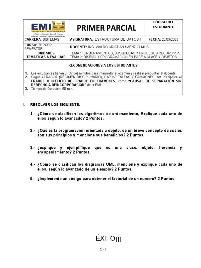 Examen resuelto primer parcial estructura de datos i pdf objeto