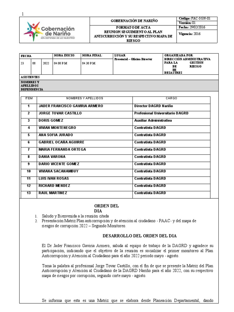 Acta Reunión Seguimiento PAAC 2022 | PDF | Corrupción política | Gobierno